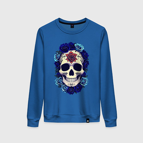 Женский свитшот Череп с сининими розами / Синий – фото 1