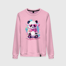 Свитшот хлопковый женский Милая панда в розовых очках и бантике, цвет: светло-розовый