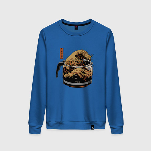 Женский свитшот Большая волна в Канагаве в чайнике с кофе / Синий – фото 1