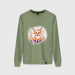 Женский свитшот Милый большеухий лисенок сидит в цветах