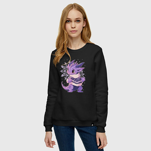 Женский свитшот Фиолетовый дракон в свитере / Черный – фото 3