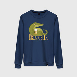 Свитшот хлопковый женский Крокодил пьёт пиво, цвет: тёмно-синий