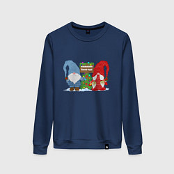 Свитшот хлопковый женский Гном и гномочка с пожеланием счастливого Нового го, цвет: тёмно-синий