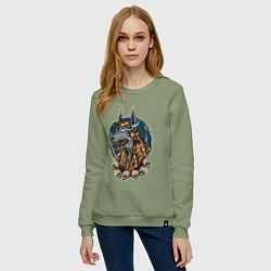 Свитшот хлопковый женский Анубис и черепа, цвет: авокадо — фото 2