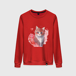 Свитшот хлопковый женский Кошка в красных сердечках, цвет: красный