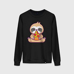 Свитшот хлопковый женский Ленивец ест пиццу, цвет: черный
