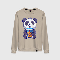 Свитшот хлопковый женский Drinking panda, цвет: миндальный