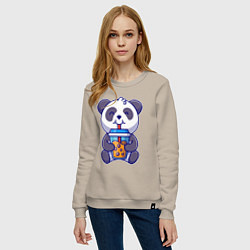 Свитшот хлопковый женский Drinking panda, цвет: миндальный — фото 2
