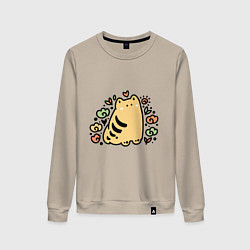 Свитшот хлопковый женский Рыжий полосатый дудл кот греется на солнце, цвет: миндальный