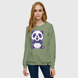 Свитшот хлопковый женский Удивлённая панда, цвет: авокадо — фото 2