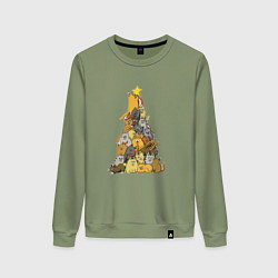 Свитшот хлопковый женский Новогодняя ёлка из котиков, цвет: авокадо