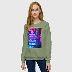 Свитшот хлопковый женский Ai hacker digital rebel - neon glow, цвет: авокадо — фото 2