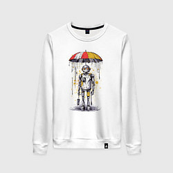 Свитшот хлопковый женский Одинокий робот под зонтом, цвет: белый