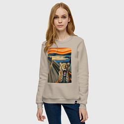 Свитшот хлопковый женский Леопард кричит - мем картина от нейросети, цвет: миндальный — фото 2