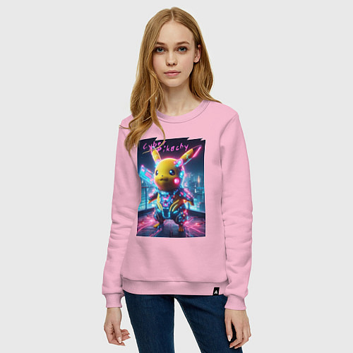 Женский свитшот Cyber Pikachu - neon glow ai art fantasy / Светло-розовый – фото 3