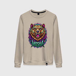Свитшот хлопковый женский Свирепый медведь с надписью, цвет: миндальный