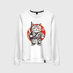 Свитшот хлопковый женский Ниндзя кот с саблей красное солнце, цвет: белый