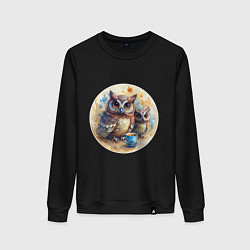 Свитшот хлопковый женский Совушки с кофе, цвет: черный