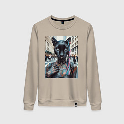 Свитшот хлопковый женский Пантера панк из Нью-Йорка - нейросеть, цвет: миндальный