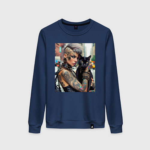 Женский свитшот Девчонка панк в татухах с чёрным котом - нейросеть / Тёмно-синий – фото 1