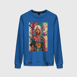 Свитшот хлопковый женский Белокурая индейская девушка в японском кимоно - жи, цвет: синий