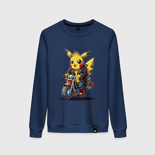 Женский свитшот Пикачу на ретро мотоцикле / Тёмно-синий – фото 1