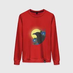 Свитшот хлопковый женский Чёрный ворон на ветке под луной, цвет: красный