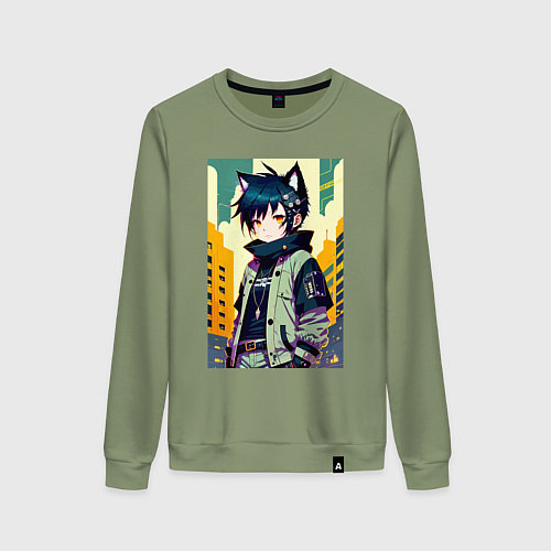 Женский свитшот Девочка котёнок - нейросеть / Авокадо – фото 1