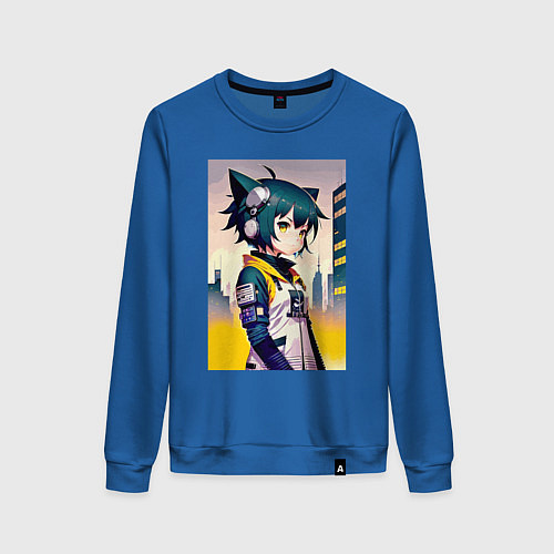 Женский свитшот Kitten girl - cyberpunk / Синий – фото 1