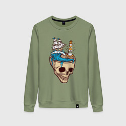Свитшот хлопковый женский Кораблик в черепе, цвет: авокадо