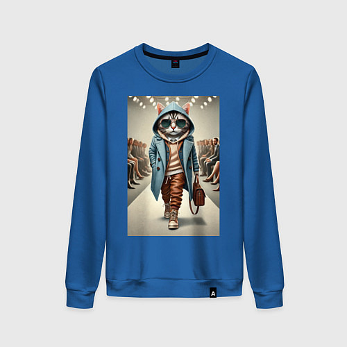 Женский свитшот Модный кот в очках на дефиле животных / Синий – фото 1