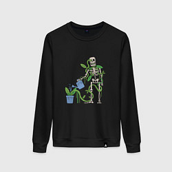 Свитшот хлопковый женский Скелет поливающий цветок, цвет: черный