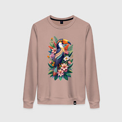 Свитшот хлопковый женский Милый тукан среди цветов, цвет: пыльно-розовый