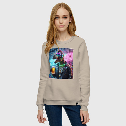 Женский свитшот Dinosaur dude with a beer mug wearing headphones a / Миндальный – фото 3