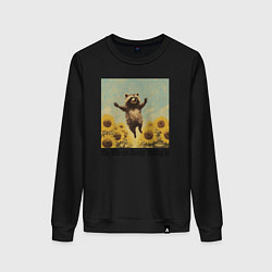 Свитшот хлопковый женский Веселый енот в поле, цвет: черный