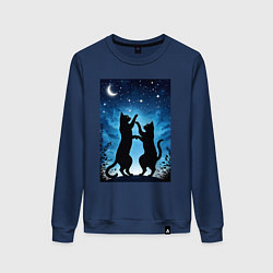 Свитшот хлопковый женский Танцующие коты под звёздным небом, цвет: тёмно-синий