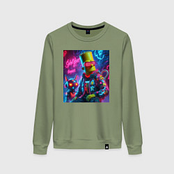 Свитшот хлопковый женский Барт Симпсон с котом роботом - нейроарт, цвет: авокадо