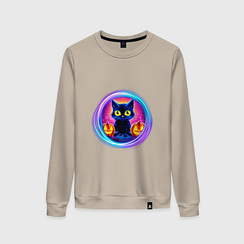 Женский свитшот Кот неоновый с тыквами / Миндальный – фото 1