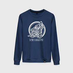 Свитшот хлопковый женский Эмблема белый славянский волк, цвет: тёмно-синий