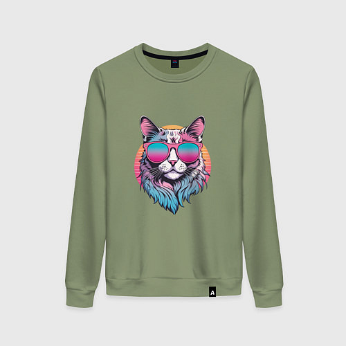 Женский свитшот Ретро кот в розовых солнечных очках Vaporwave / Авокадо – фото 1