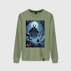 Свитшот хлопковый женский Тоторо и бегущий чёрный кот - хэллоуин, цвет: авокадо