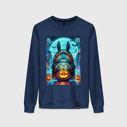 Женский свитшот Тоторо держит тыкву - хэллоуин / Тёмно-синий – фото 1