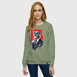 Свитшот хлопковый женский Кот джентльмен с голубыми глазами - мем, цвет: авокадо — фото 2