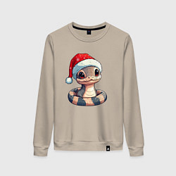 Свитшот хлопковый женский Новогодняя полосатая змейка, цвет: миндальный