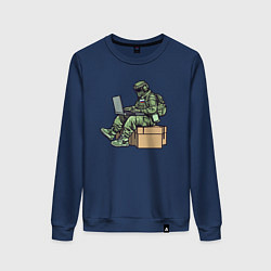 Свитшот хлопковый женский Российский солдат за ноутбуком, цвет: тёмно-синий