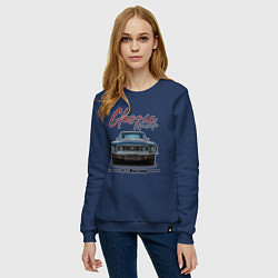 Свитшот хлопковый женский Американский маслкар Ford Mustang 1973 года, цвет: тёмно-синий — фото 2