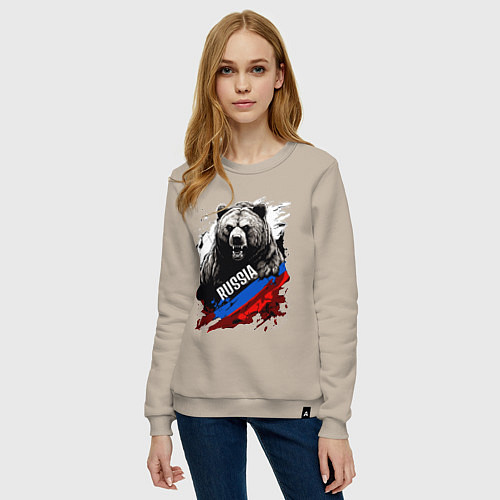 Женский свитшот Русский медведь на фоне флага России / Миндальный – фото 3