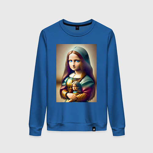 Женский свитшот Маленькая Мона Лиза в детстве с куклой - нейроарт / Синий – фото 1