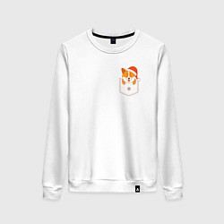 Свитшот хлопковый женский Новогодний корги в кармашке, цвет: белый