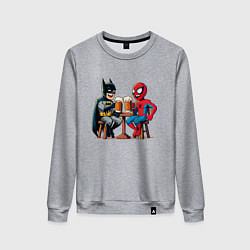 Свитшот хлопковый женский Бэтмен и человек Паук пьют пиво, цвет: меланж